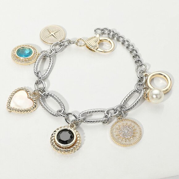 14K Gold Plated Two Tone Mother of Pearl Heart Pearl Color CZ Stone Charm Statio - Picture 1 of 3